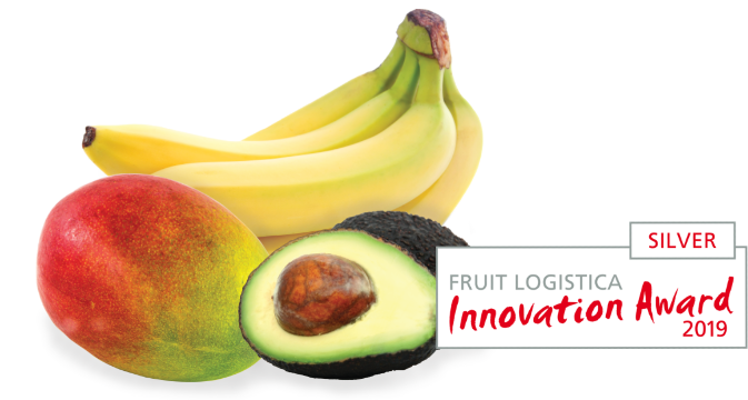 Banana hand with mango and avocado next to Innovation Award logo of 2019